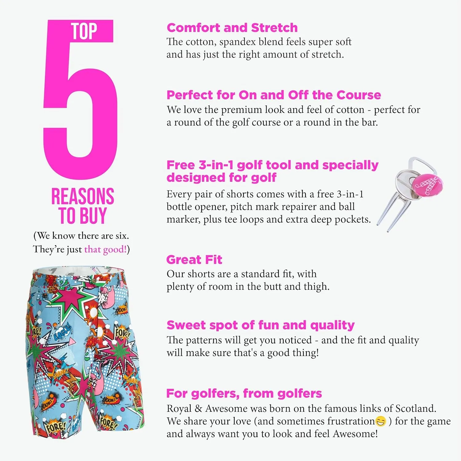 Royal & Awesome Mens Golf Shorts, Crazy Golf Shorts For Men, Plaid Shorts Men - Golf Tool Included