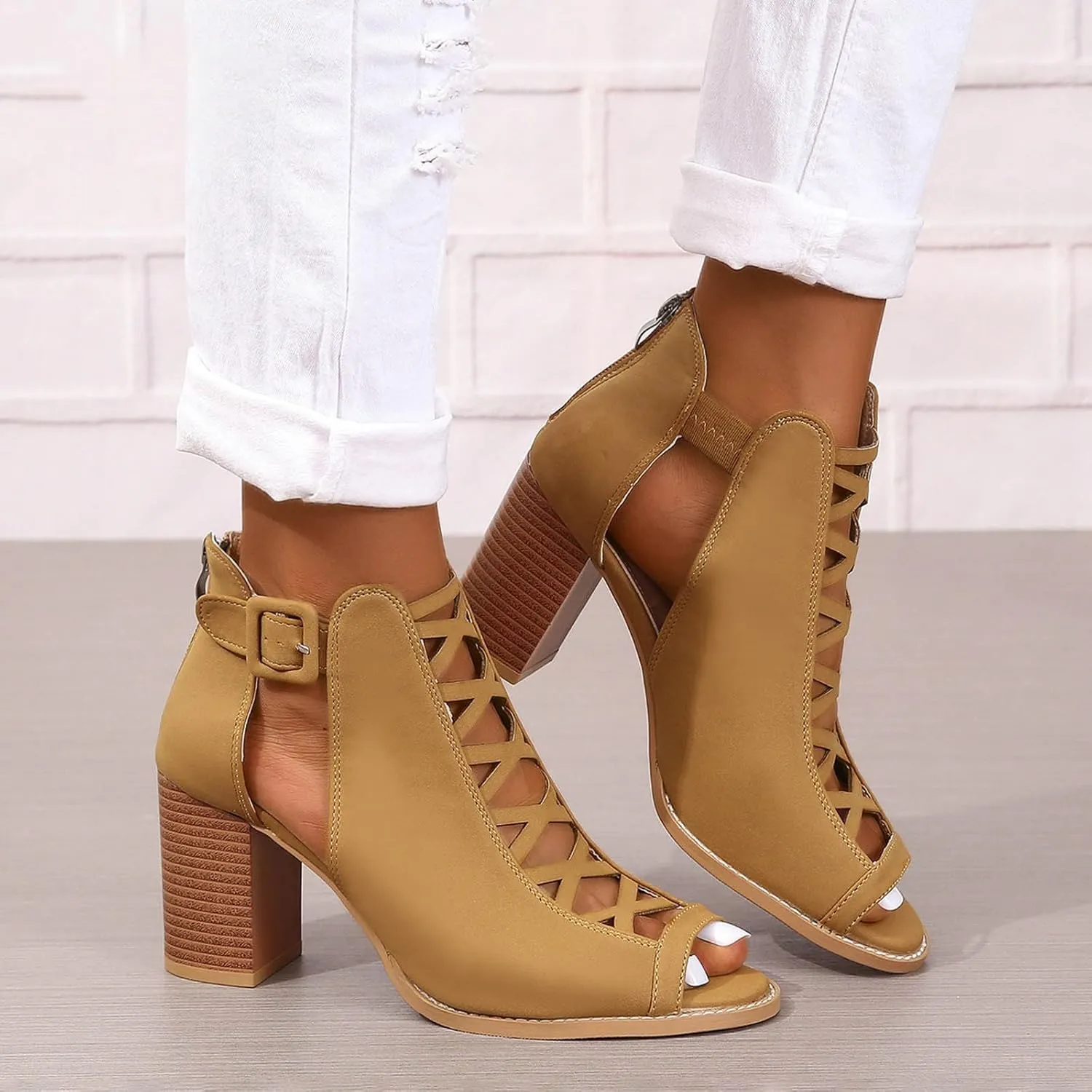 Sandals For Women 2025 Open Toe Lace-Up Women's Heels Breathable Ankle Block Heels Low Heeled Dressy Pumps Shoes