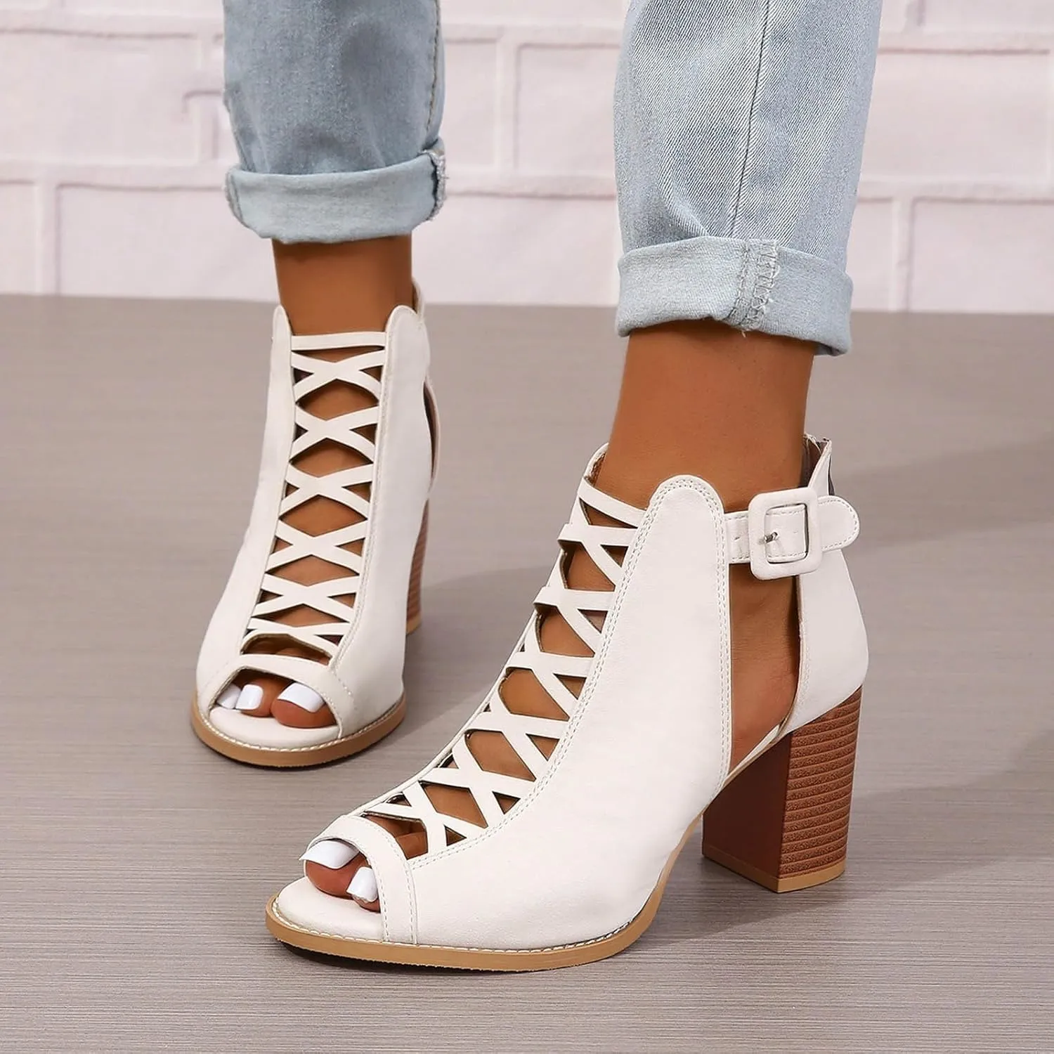 Sandals For Women 2025 Open Toe Lace-Up Women's Heels Breathable Ankle Block Heels Low Heeled Dressy Pumps Shoes