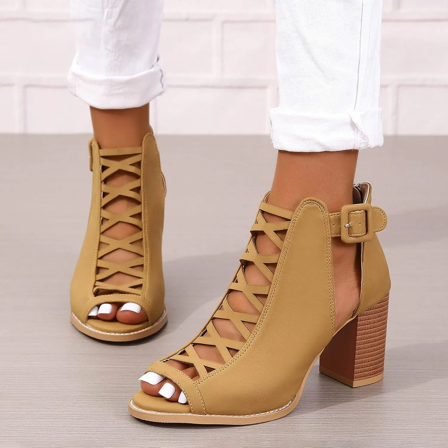 Sandals For Women 2025 Open Toe Lace-Up Women's Heels Breathable Ankle Block Heels Low Heeled Dressy Pumps Shoes