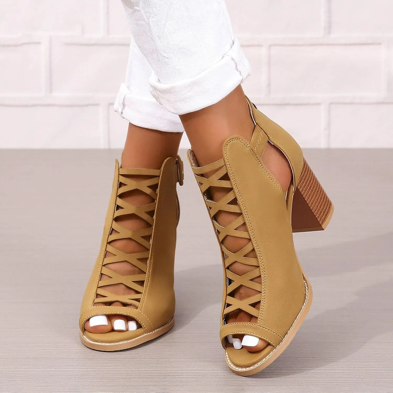 Sandals For Women 2025 Open Toe Lace-Up Women's Heels Breathable Ankle Block Heels Low Heeled Dressy Pumps Shoes