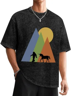 Sasquatch Unicorrn Sunset Loose Fit Oversized Vintage Shirts Fashion Half Sleeve Drop Shoulder Casual Tee Tops