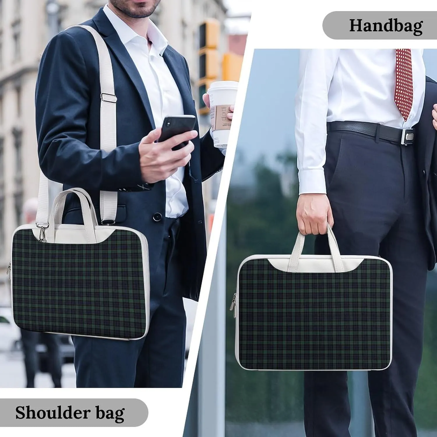 Scottish Blue-Green Plaid Leather Bag Laptop Case Slim Water Resistant Computer Bags with Handle Briefcase for Work