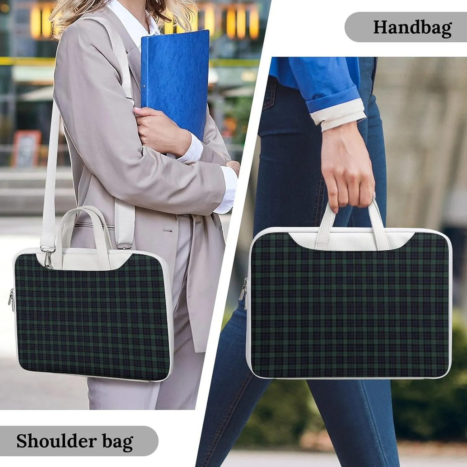 Scottish Blue-Green Plaid Leather Bag Laptop Case Slim Water Resistant Computer Bags with Handle Briefcase for Work