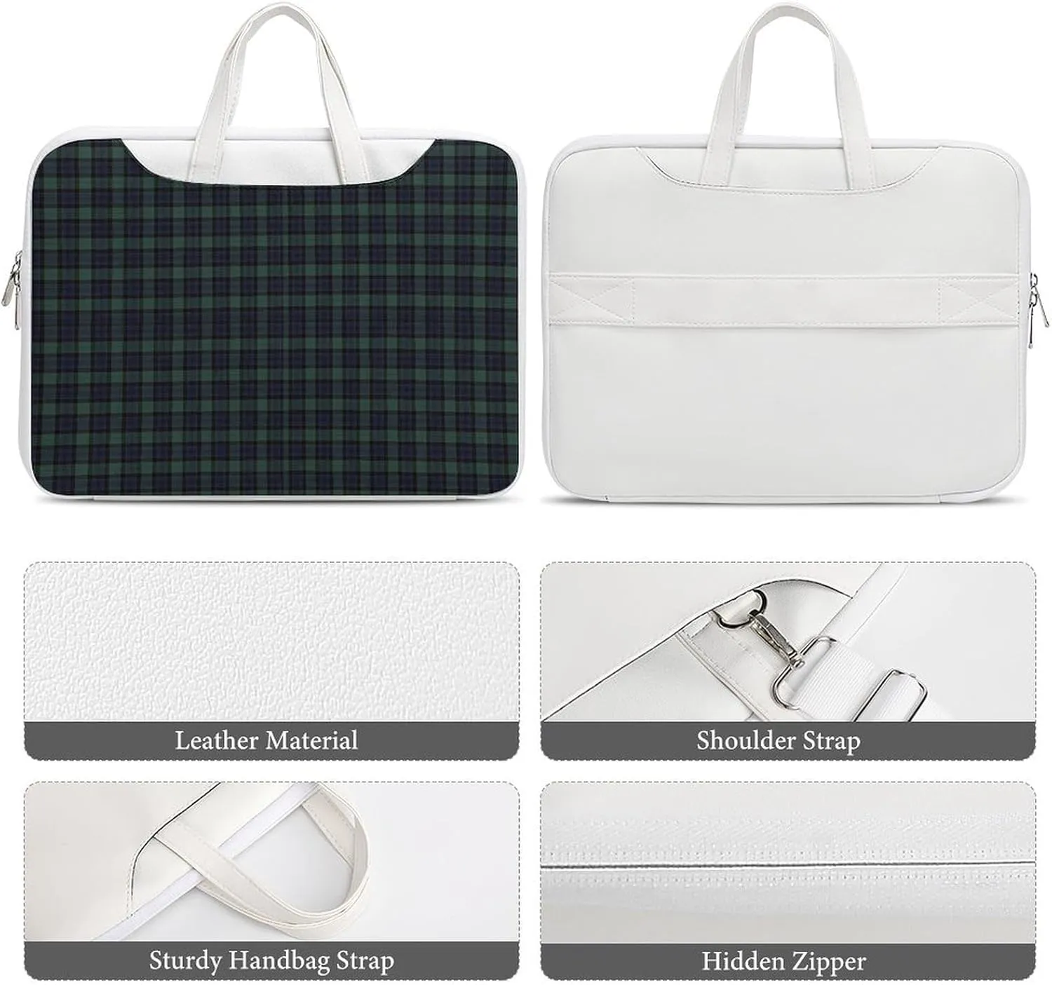 Scottish Blue-Green Plaid Leather Bag Laptop Case Slim Water Resistant Computer Bags with Handle Briefcase for Work