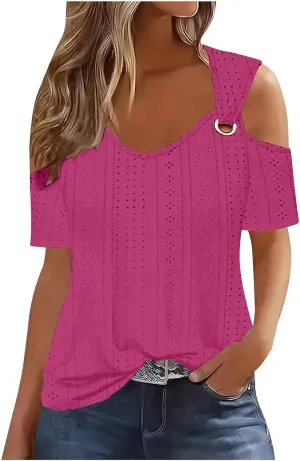 Sexy Cold Sholuder Tops for Women 2025 Summer Hollow Out Eyelet Short Sleeve Blouse Loose V Neck Tshirt Casual Tunics