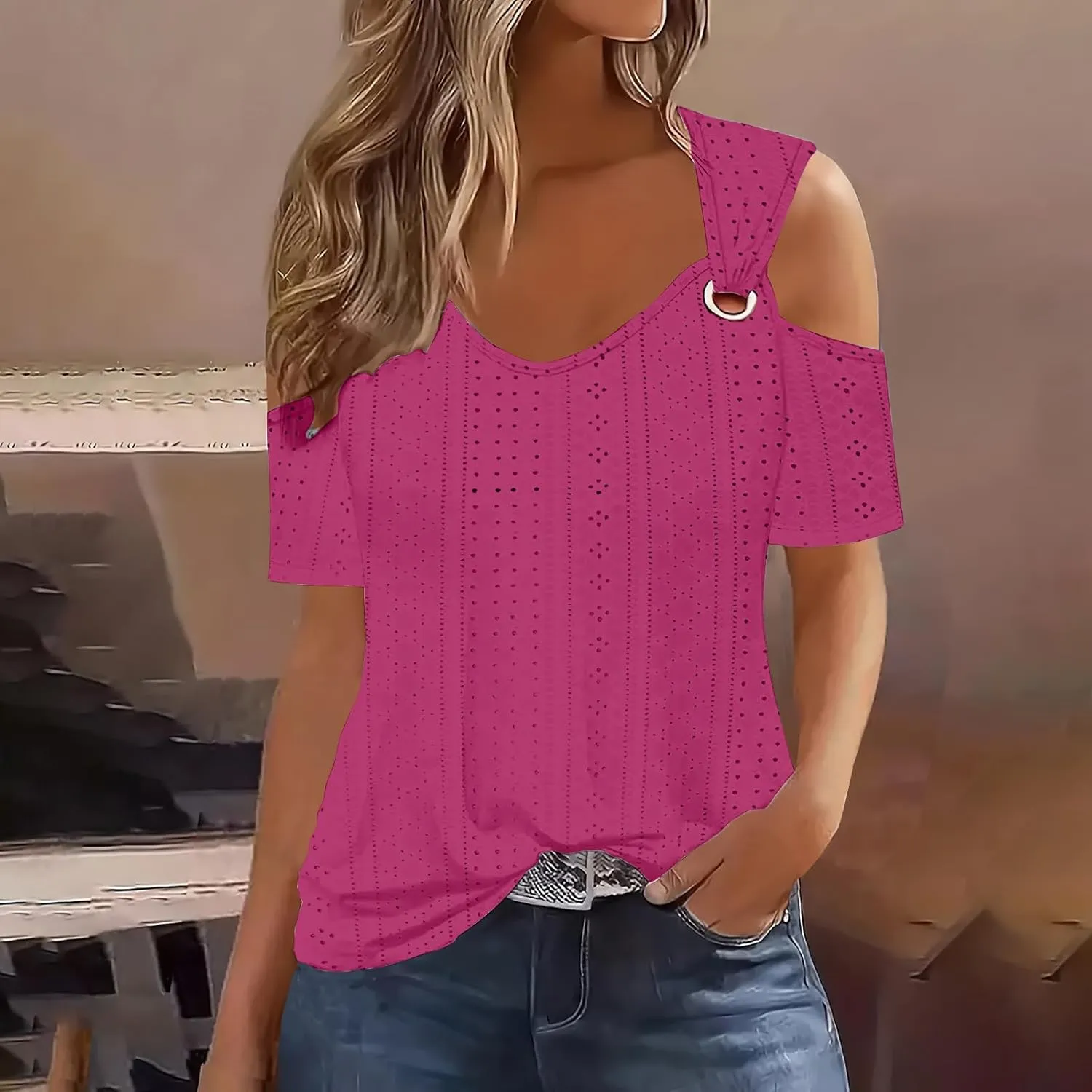 Sexy Cold Sholuder Tops for Women 2025 Summer Hollow Out Eyelet Short Sleeve Blouse Loose V Neck Tshirt Casual Tunics