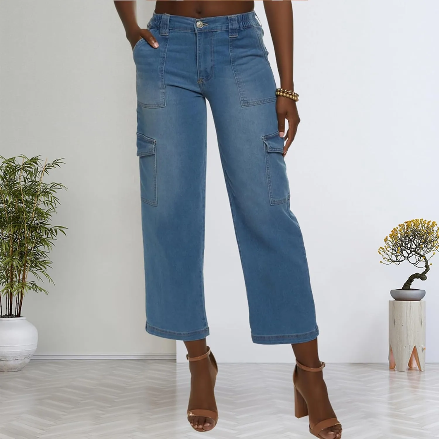 SheKiss Boyfriend Stretchy Jeans for Women - Distressed Frayed High Waisted Trendy Denim Blue Jeans