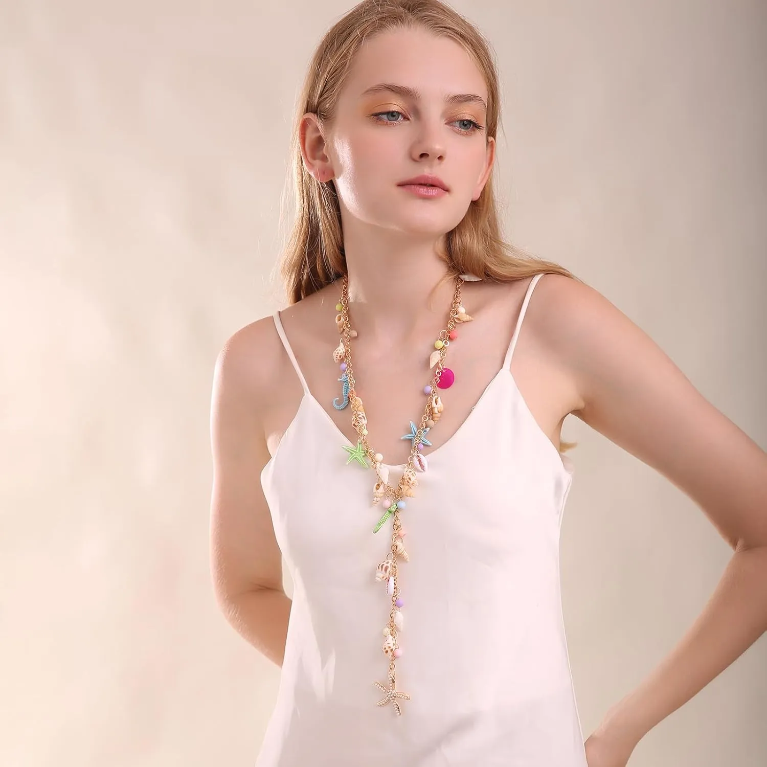 Shell Starfish Necklace, Conch Statement Chunky Y Necklace Mermaid Costume Jewelry Beach Jewelry for Women