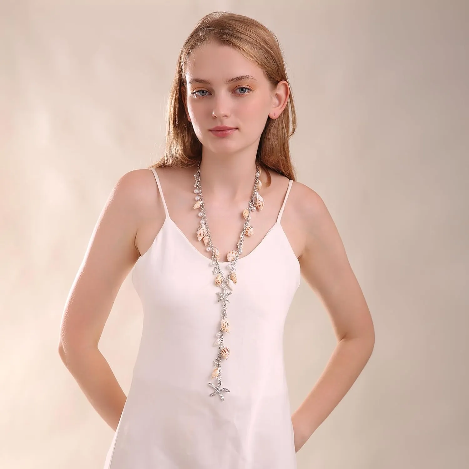 Shell Starfish Necklace, Conch Statement Chunky Y Necklace Mermaid Costume Jewelry Beach Jewelry for Women