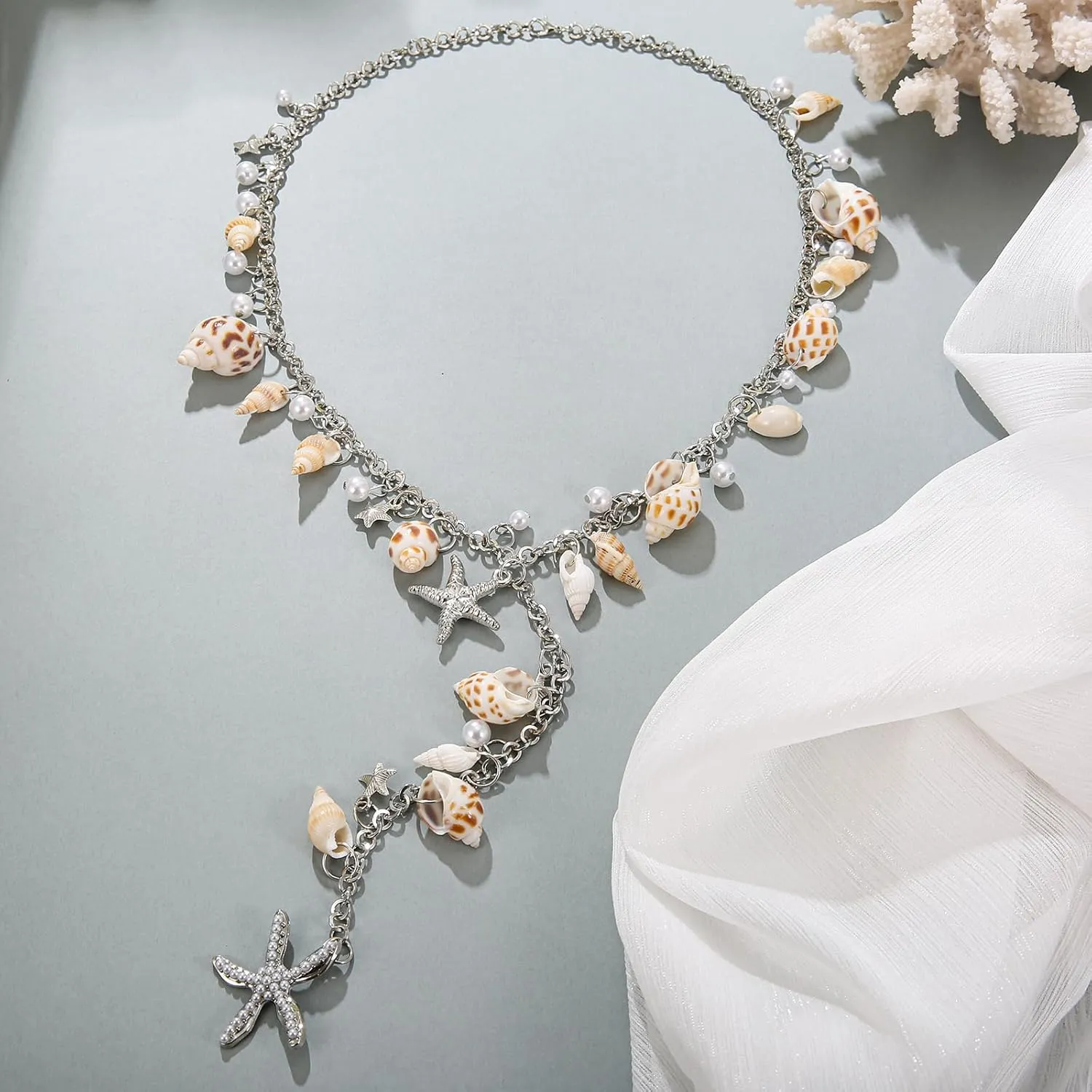 Shell Starfish Necklace, Conch Statement Chunky Y Necklace Mermaid Costume Jewelry Beach Jewelry for Women
