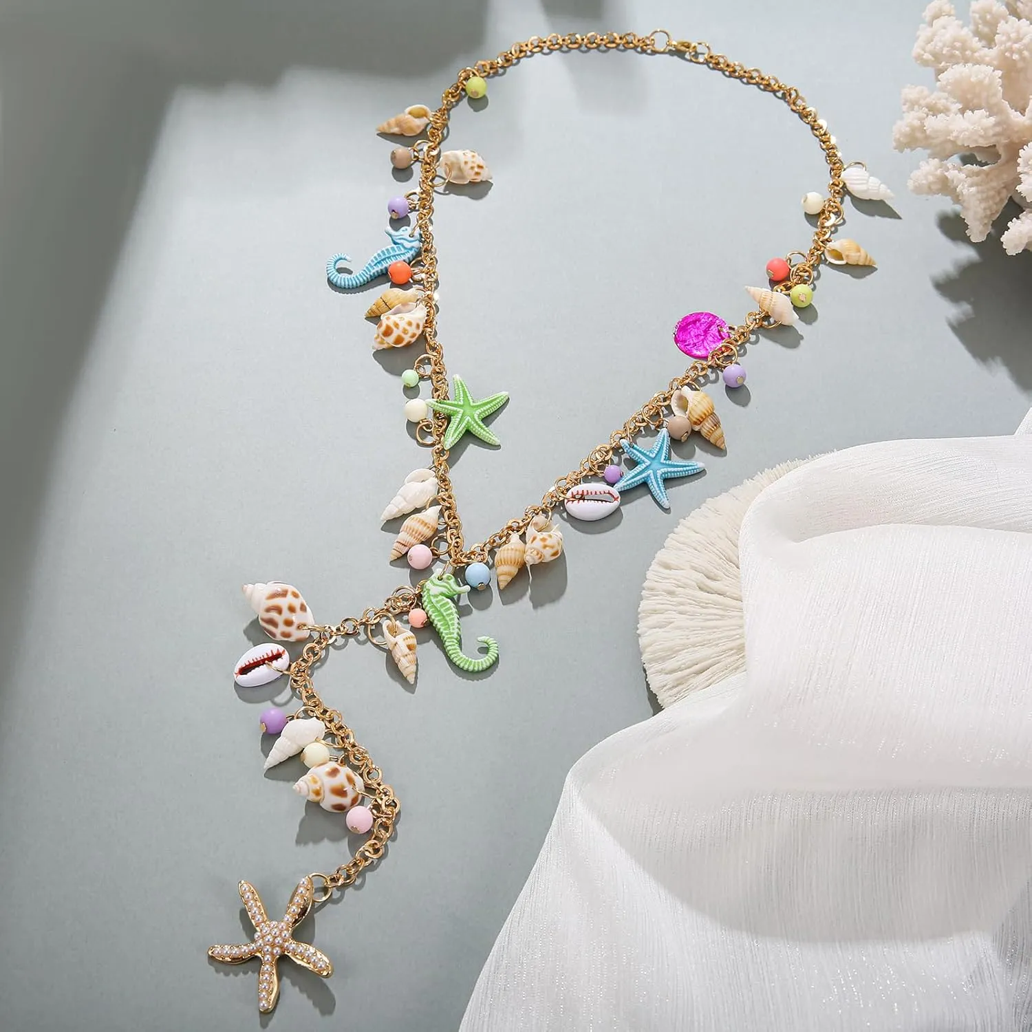 Shell Starfish Necklace, Conch Statement Chunky Y Necklace Mermaid Costume Jewelry Beach Jewelry for Women