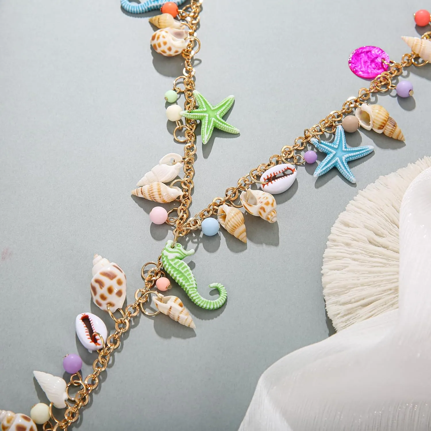 Shell Starfish Necklace, Conch Statement Chunky Y Necklace Mermaid Costume Jewelry Beach Jewelry for Women