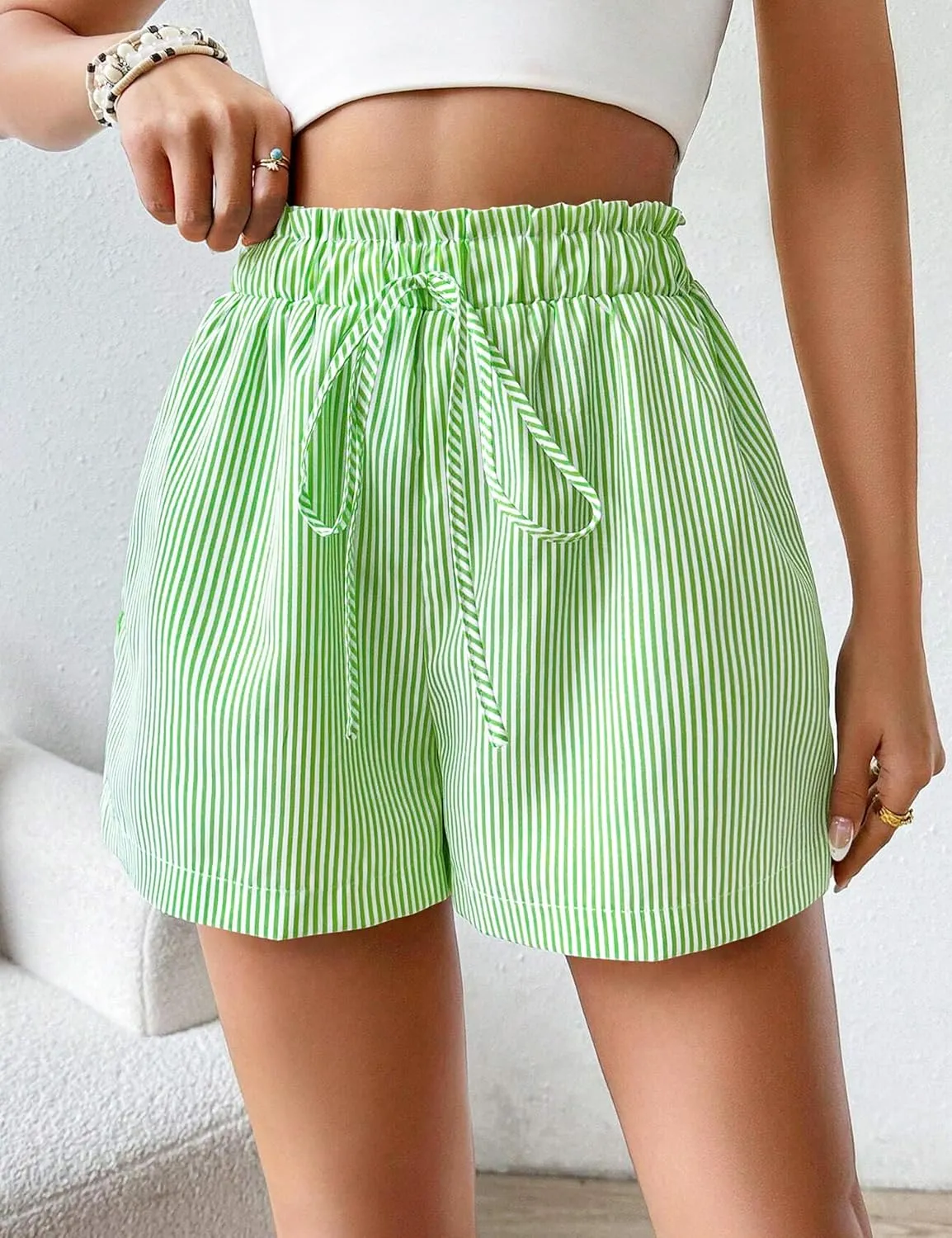 Shorts for Women Striped Elastic High Waisted Shorts Women Casual Trendy Summer Womens Shorts with Pockets