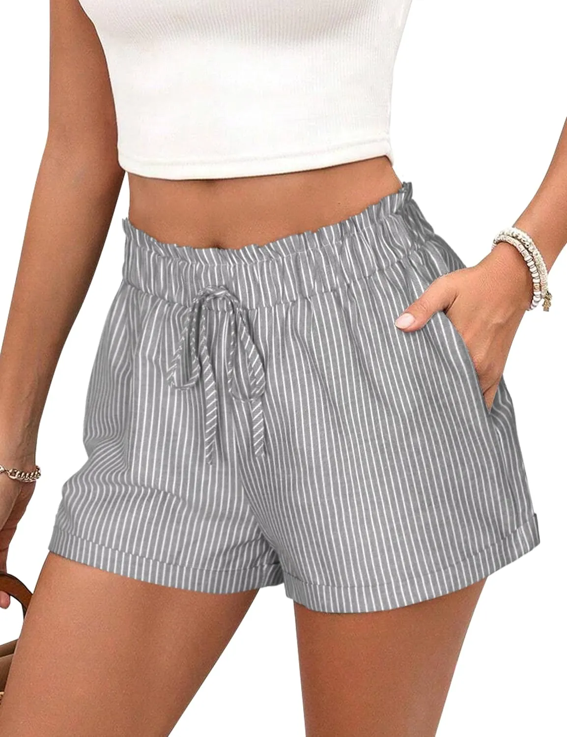 Shorts for Women Striped Elastic High Waisted Shorts Women Casual Trendy Summer Womens Shorts with Pockets