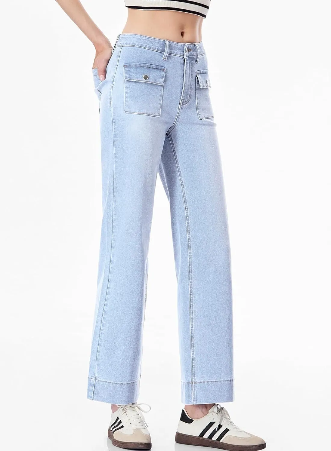 Sidefeel Women's Wide Leg Jeans High Waisted Stretchy Spring Outfit Zimbaplatinum Jeans with Patch Pockets