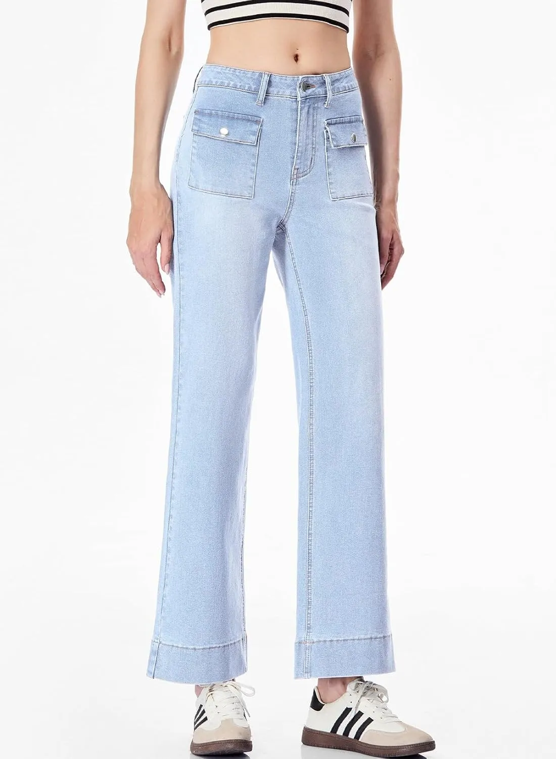 Sidefeel Women's Wide Leg Jeans High Waisted Stretchy Spring Outfit Zimbaplatinum Jeans with Patch Pockets