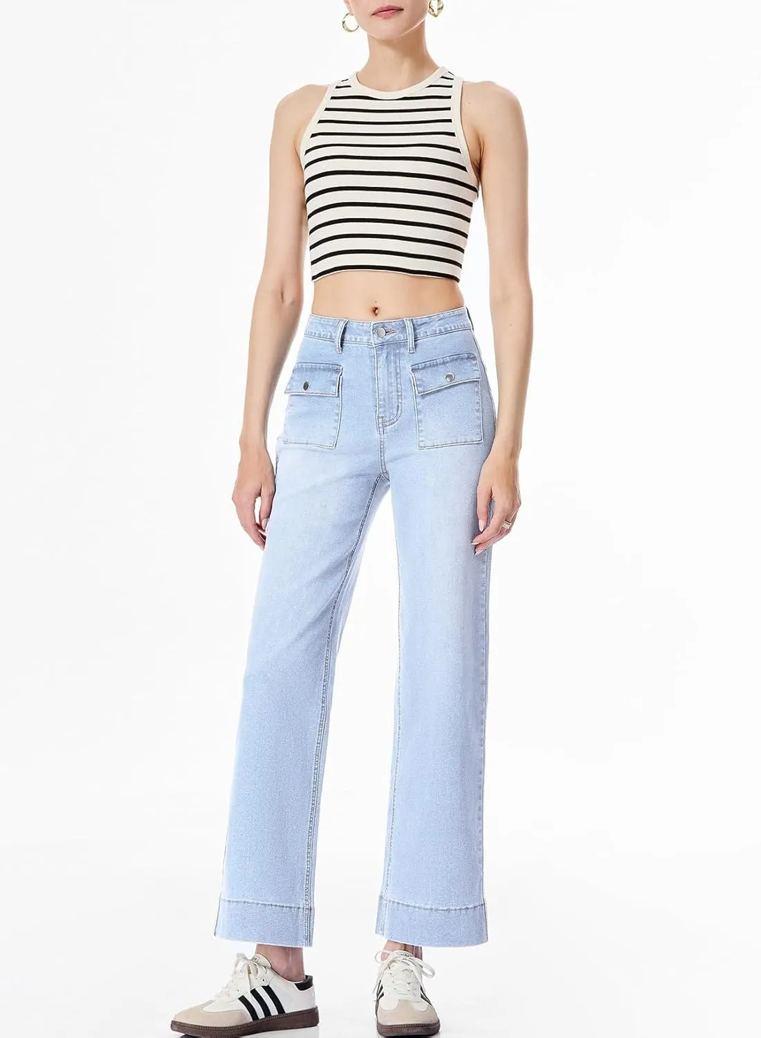 Sidefeel Women's Wide Leg Jeans High Waisted Stretchy Spring Outfit Zimbaplatinum Jeans with Patch Pockets
