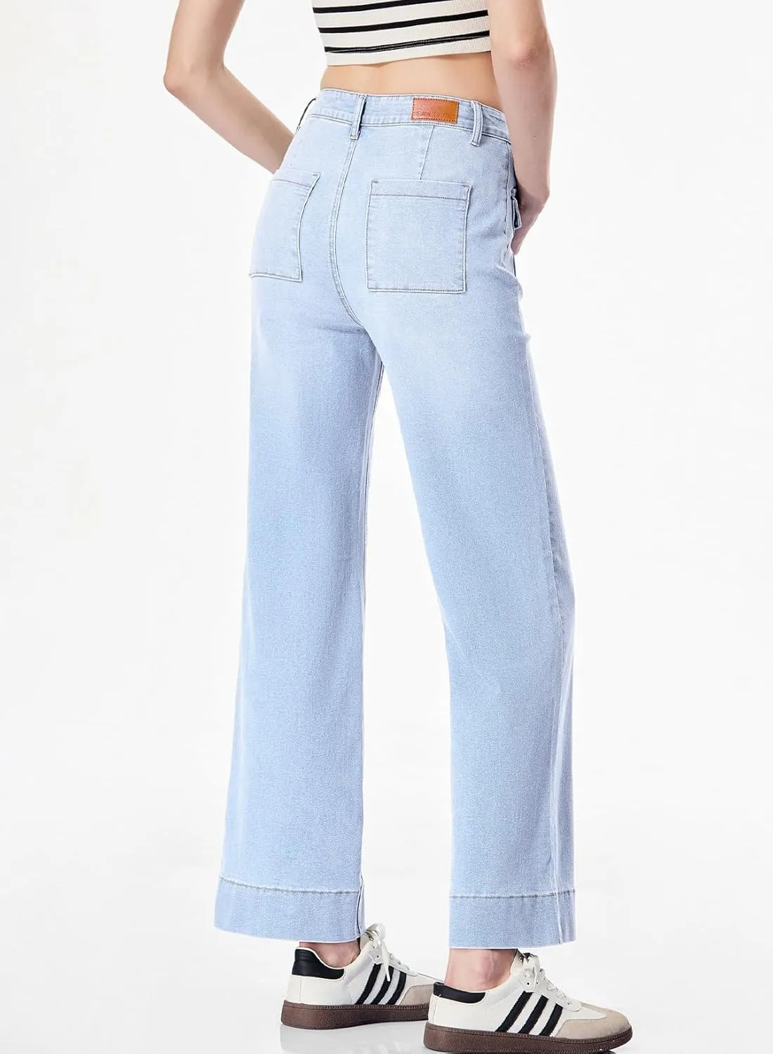 Sidefeel Women's Wide Leg Jeans High Waisted Stretchy Spring Outfit Zimbaplatinum Jeans with Patch Pockets