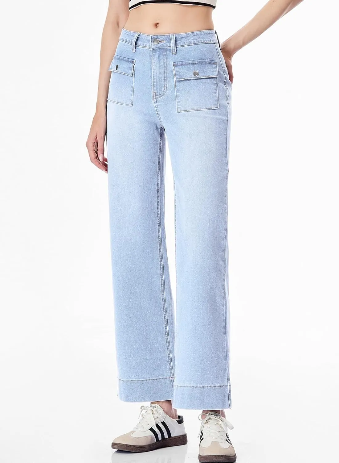 Sidefeel Women's Wide Leg Jeans High Waisted Stretchy Spring Outfit Zimbaplatinum Jeans with Patch Pockets