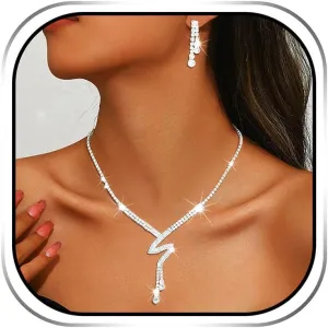 Sixexey Prom Jewelry Set Silver Wedding Necklace Earrings Rhinestone Bridal Costume Neck Jewelry for Women