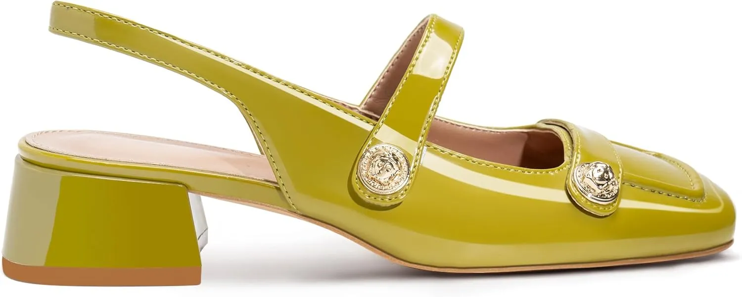 Slingback Mary Jane Heels for Women Low Block Heel Closed Square Toe Pump Shoes Heels Classic Daily Office Dressy Shoes