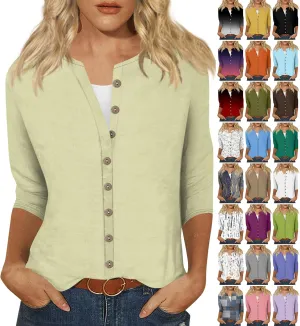 slqdgmryz Button Down Shirts for Women 3/4 Sleeve Lightweight Summer Cardigan Casual V Neck Three Quarter Length Cute Tops
