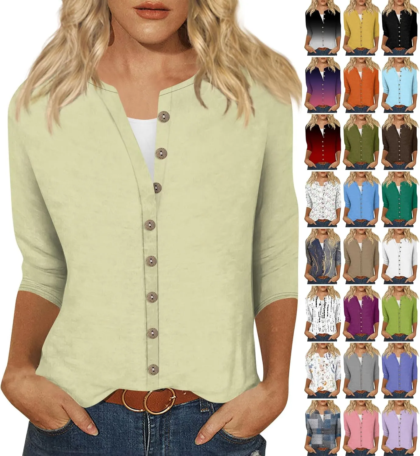slqdgmryz Button Down Shirts for Women 3/4 Sleeve Lightweight Summer Cardigan Casual V Neck Three Quarter Length Cute Tops