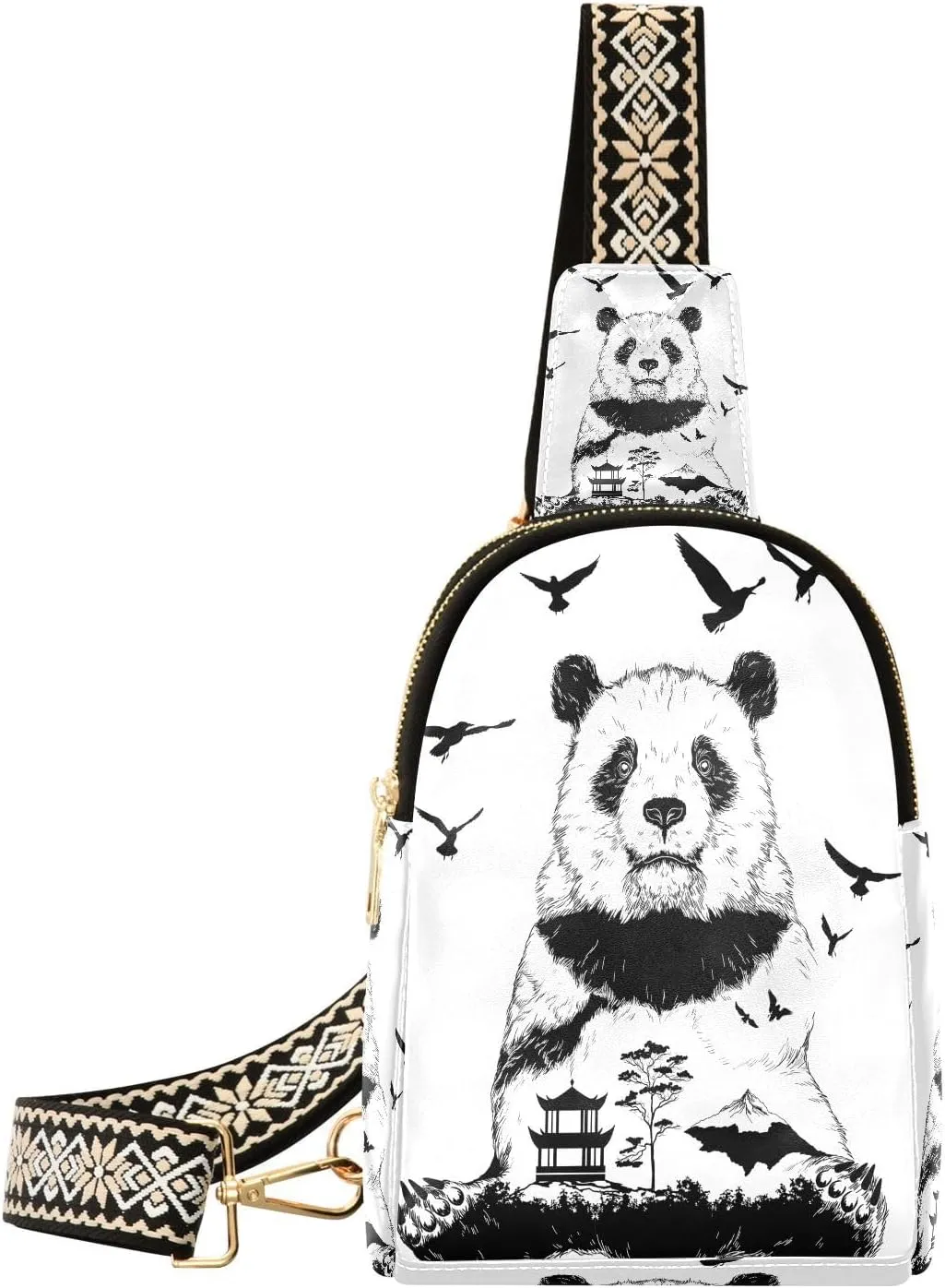 Small Sling Bag Fanny Packs Crossbody Bags for Women Creative Panda Silhouette Leather Fashion Chest Bag Belt Bag for Women for Travel Sports Running Hiking