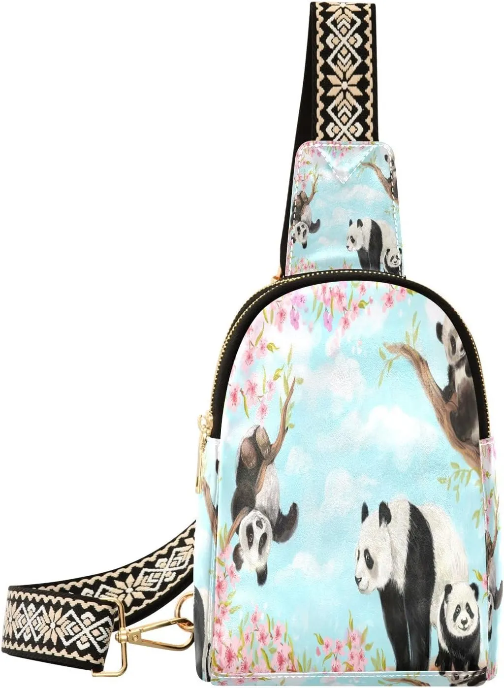 Small Sling Bag Fanny Packs Crossbody Bags for Women Cute Pandas Cherry Leather Fashion Chest Bag Belt Bag for Women for Travel Sports Running Hiking