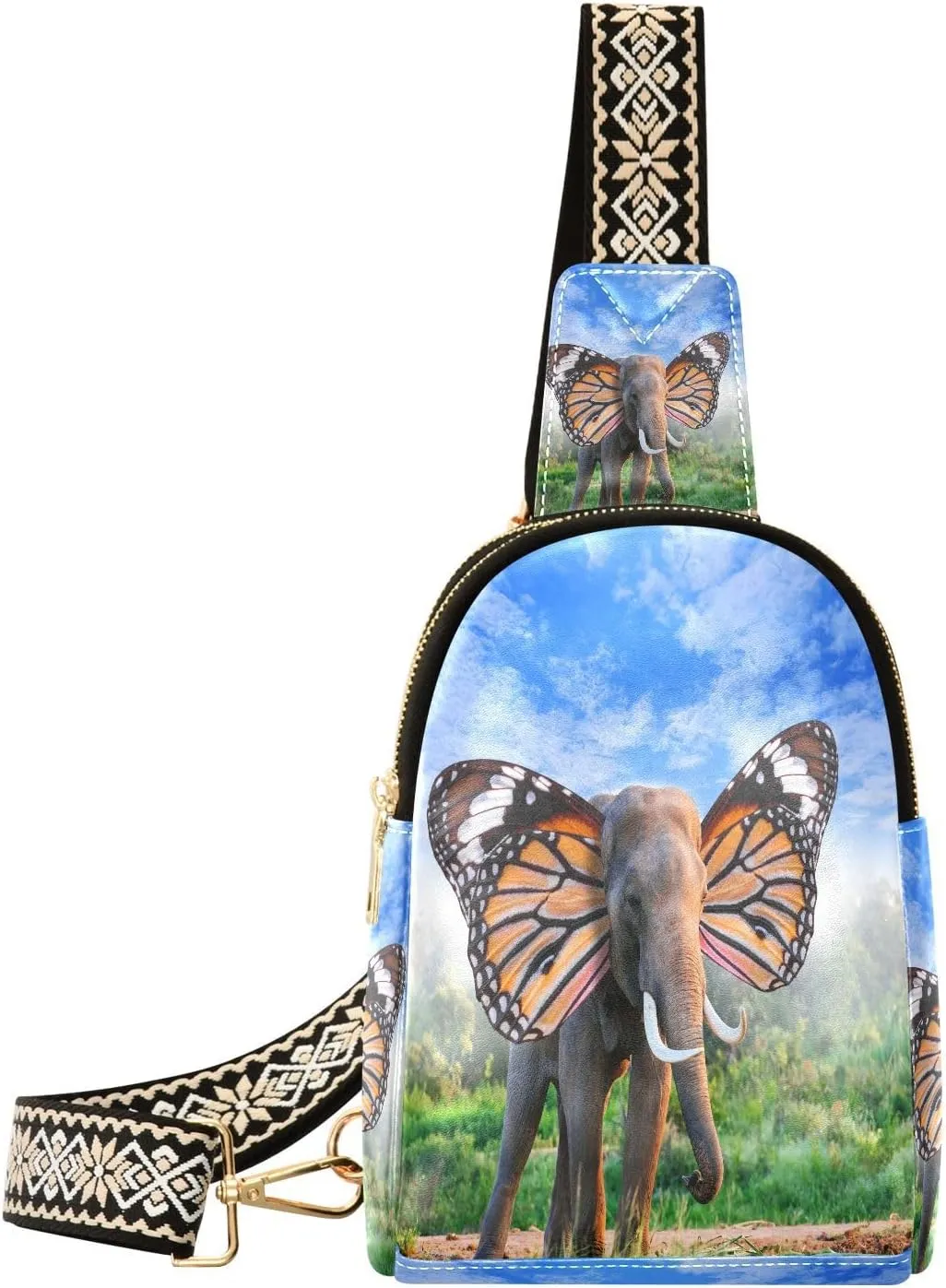 Small Sling Bag Fanny Packs Crossbody Bags for Women Funny Elephant Butterfly Wings Leather Fashion Chest Bag Belt Bag for Women for Travel Sports Running Hiking