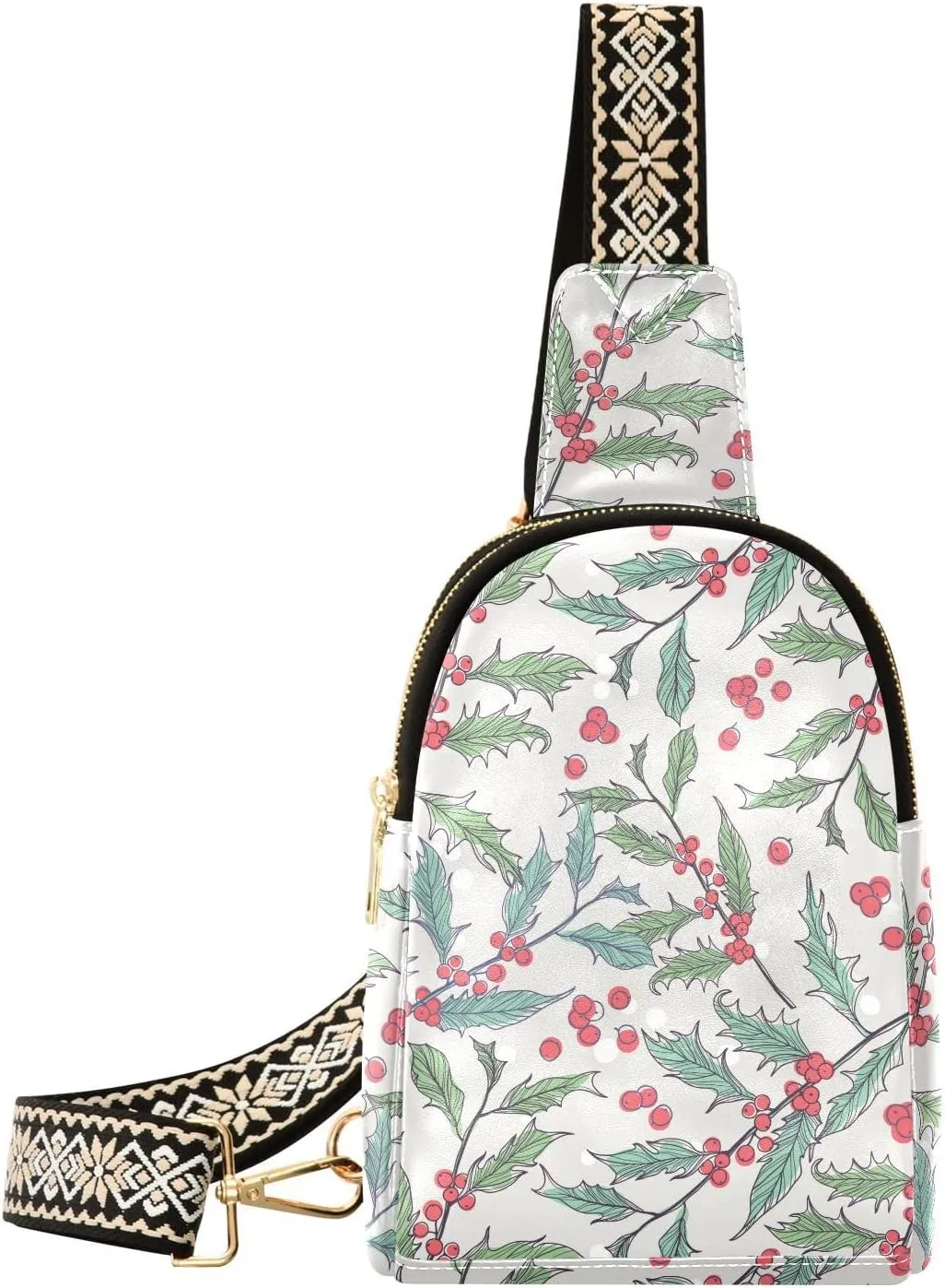 Small Sling Bag Fanny Packs Crossbody Bags for Women Holly Berries Leather Fashion Chest Bag Belt Bag for Women for Travel Sports Running Hiking