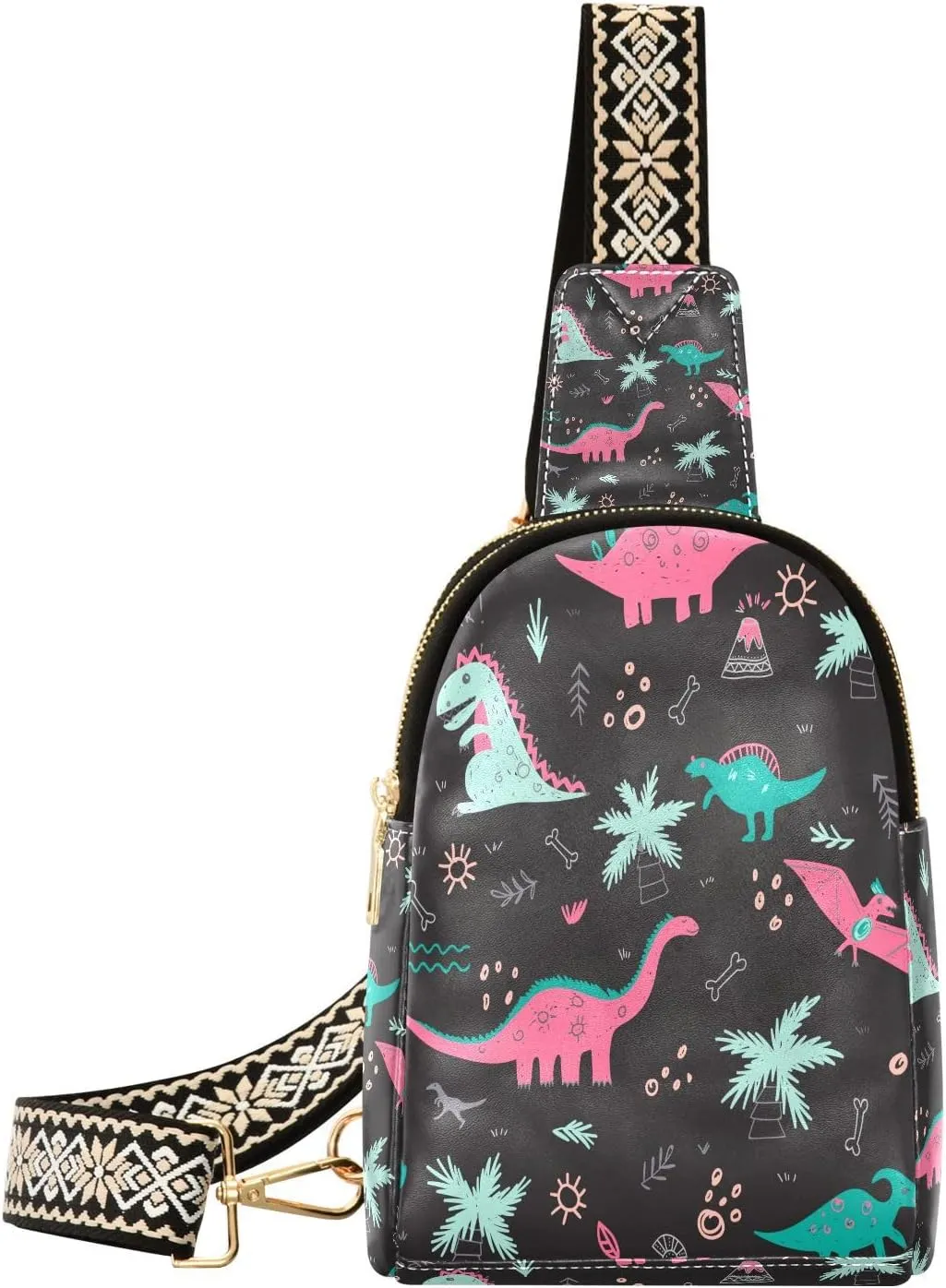 Small Sling Bag for Women Colorful Dinosaur PC Leather Fanny Pack Crossbody Cartoon Fashion Waist Packs Chest Bag for Travel Sports Running