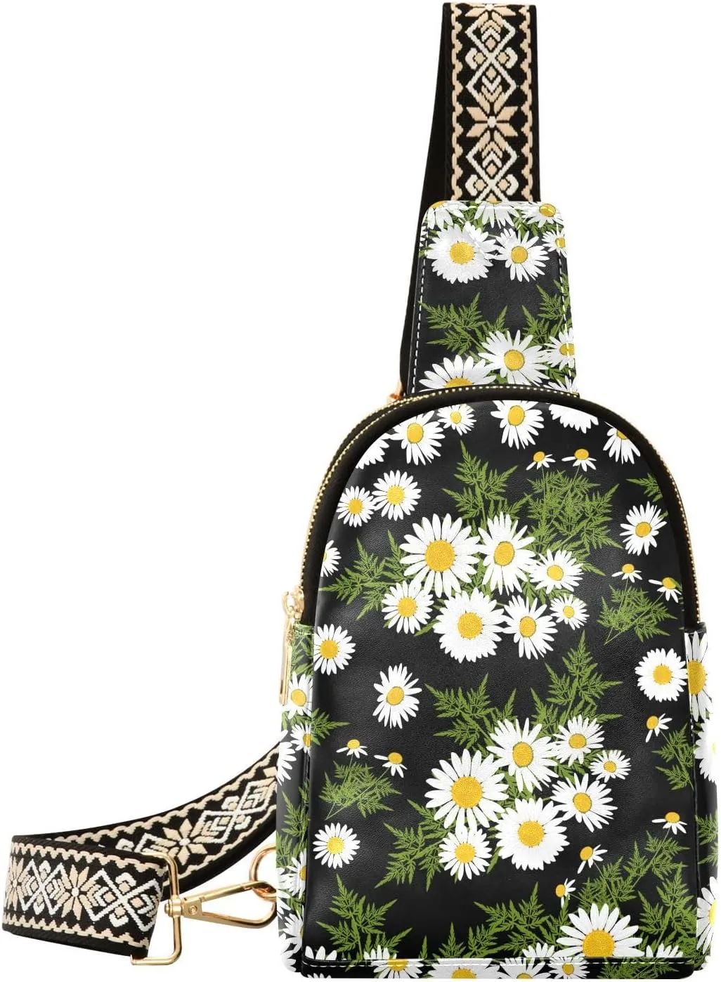 Small Sling Bag for Women Daisies Flowers PC Leather Fanny Pack Crossbody Floral Pattern Fashion Waist Packs Chest Bag for Travel Sports Running Hiking