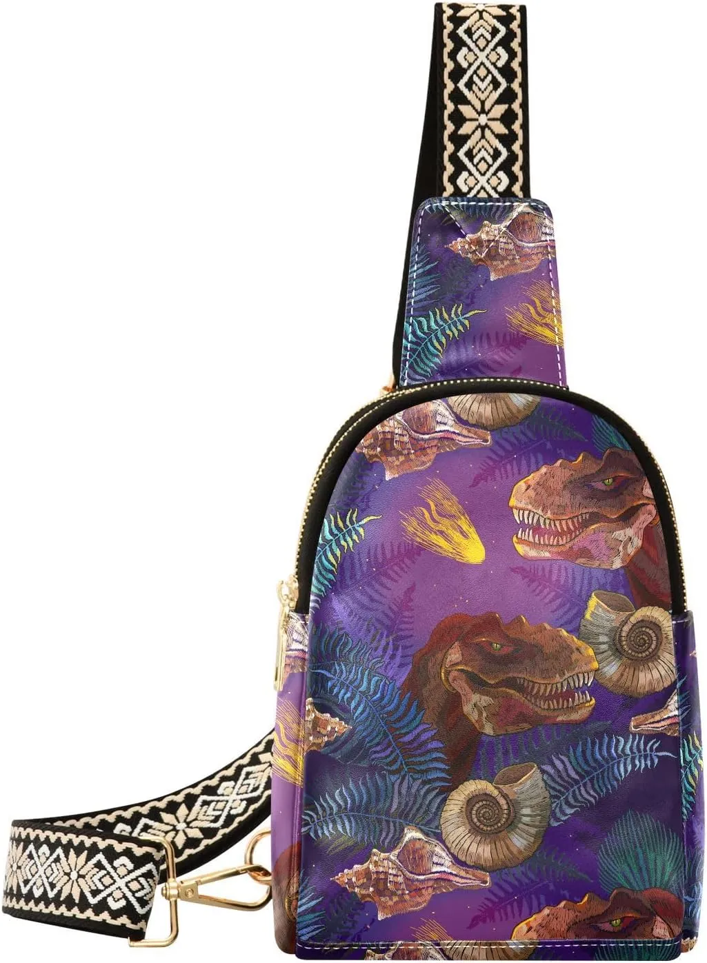 Small Sling Bag for Women Embroidery Dinosaurs Tropical PC Leather Fanny Pack Crossbody Palm Leaf Snail Fashion Waist Packs Chest Bag for Travel Sports Running Hiking