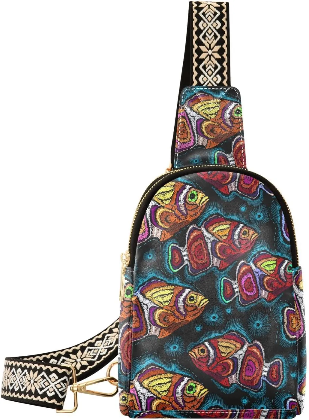 Small Sling Bag for Women Embroidery Sea Goldfish PC Leather Fanny Pack Crossbody Fashion Waist Packs Chest Bag for Travel Sports Running Hiking