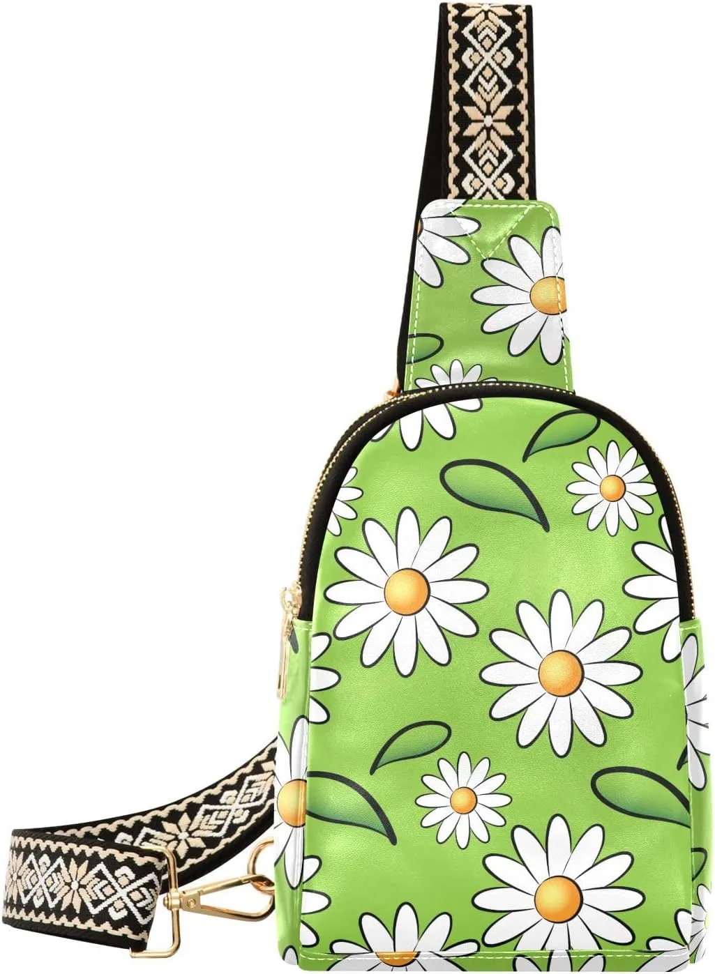 Small Sling Bag for Women Hand Drawn Daisy PC Leather Fanny Pack Crossbody Fashion Waist Packs Chest Bag for Travel Sports Running Hiking