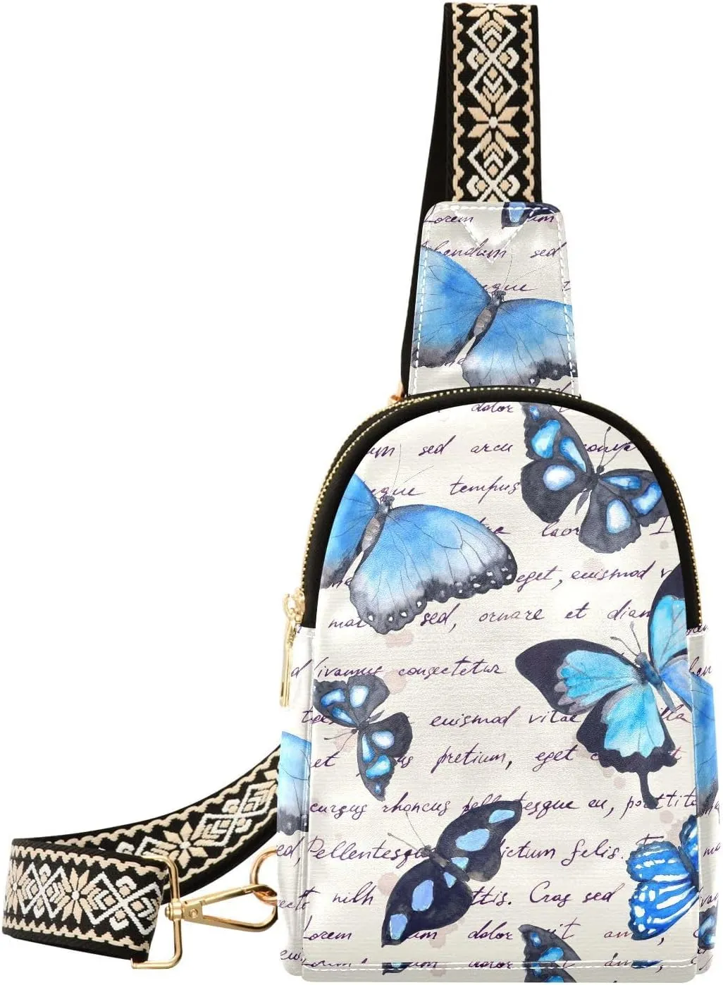 Small Sling Bag for Women Summer Butterfly PC Leather Fanny Pack Crossbody Blue Retro Spring Fashion Waist Packs Chest Bag for Travel Sports Running Hiking