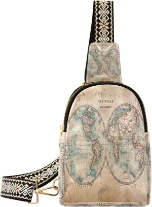 Small Sling Bag Waist Packs Leather Crossbody Packs Chest Bag A Genuine Old Stained World Map for Women Travel Belt Purse