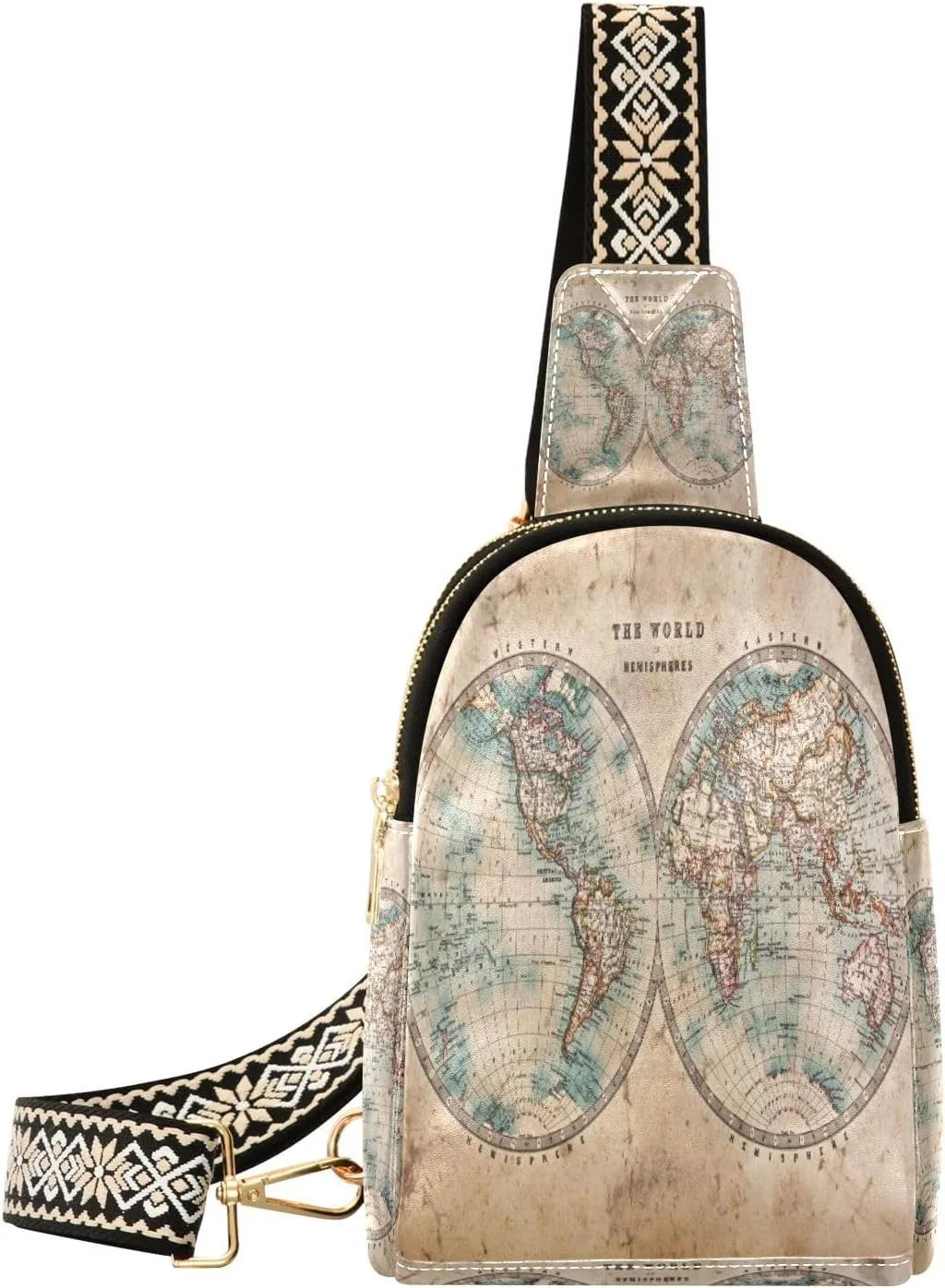 Small Sling Bag Waist Packs Leather Crossbody Packs Chest Bag A Genuine Old Stained World Map for Women Travel Belt Purse