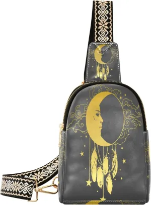 Small Sling Bag Waist Packs Leather Crossbody Packs Chest Bag Crescent Moon Dreamcatcher for Women Travel Belt Purse