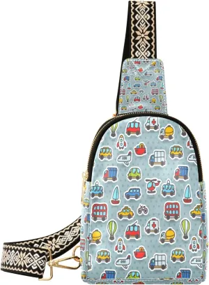 Small Sling Bag Waist Packs Leather Crossbody Packs Chest Bag Cute Cartoon Cars Transport Pattern for Women Travel Belt Purse