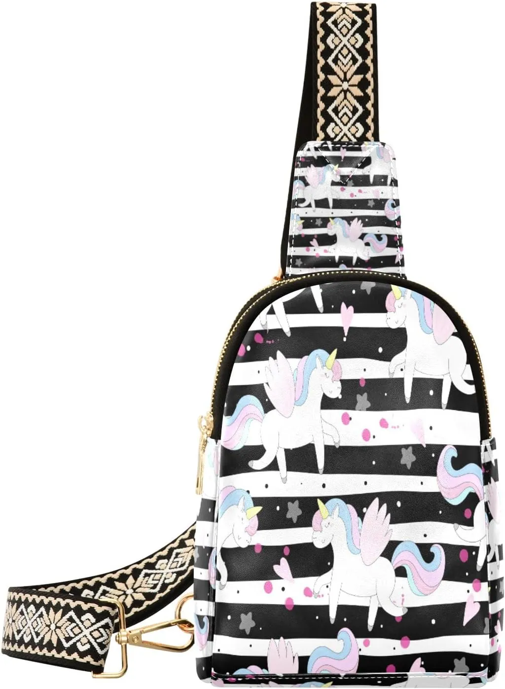 Small Sling Bag Waist Packs Leather Crossbody Packs Chest Bag Stripe Unicorn for Women Travel Belt Purse