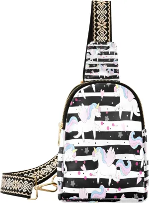 Small Sling Bag Waist Packs Leather Crossbody Packs Chest Bag Stripe Unicorn for Women Travel Belt Purse