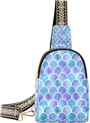 Small Sling Bag Waist Packs Leather Crossbody Packs Chest Bag Watercolor Rainbow Scales for Women Travel Belt Purse