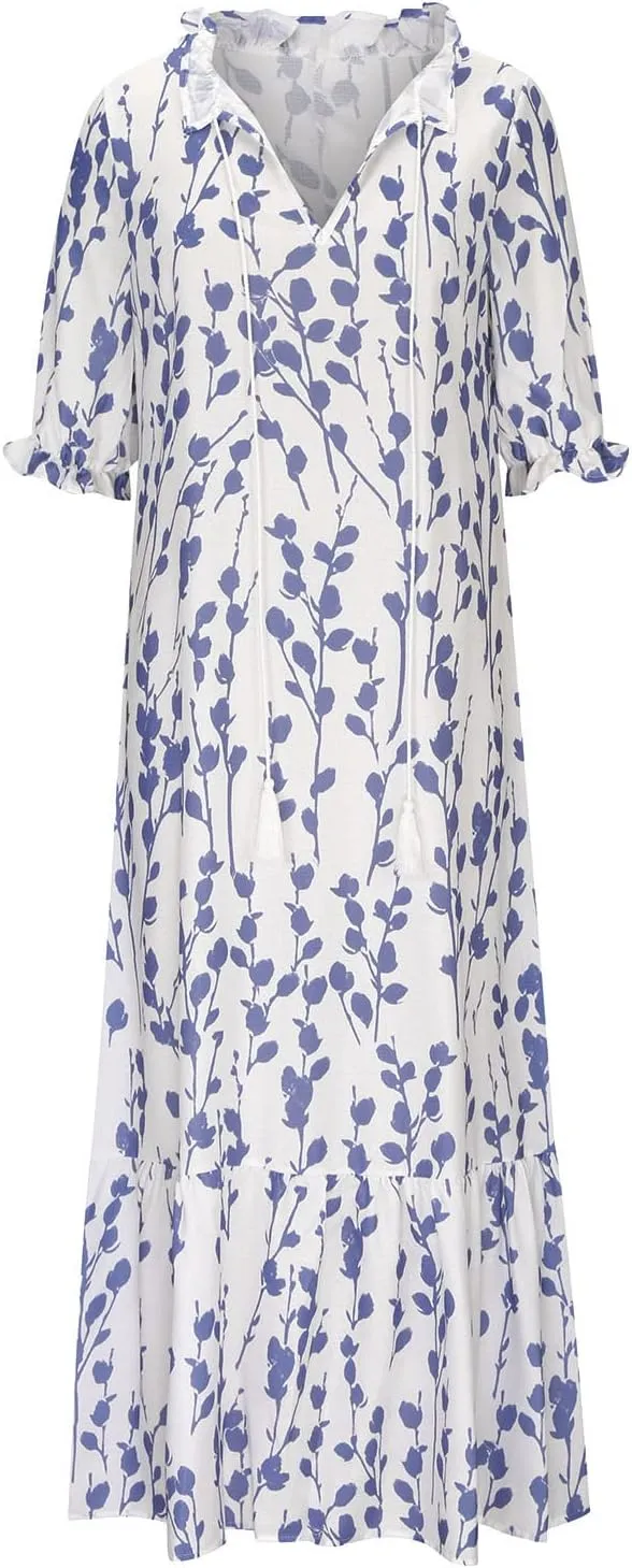 SMIDOW Womens Casual Spring Summer Boho Printed Dress V-Neck Three-Quarter Sleeve Dress A-Line Hide Belly Dress
