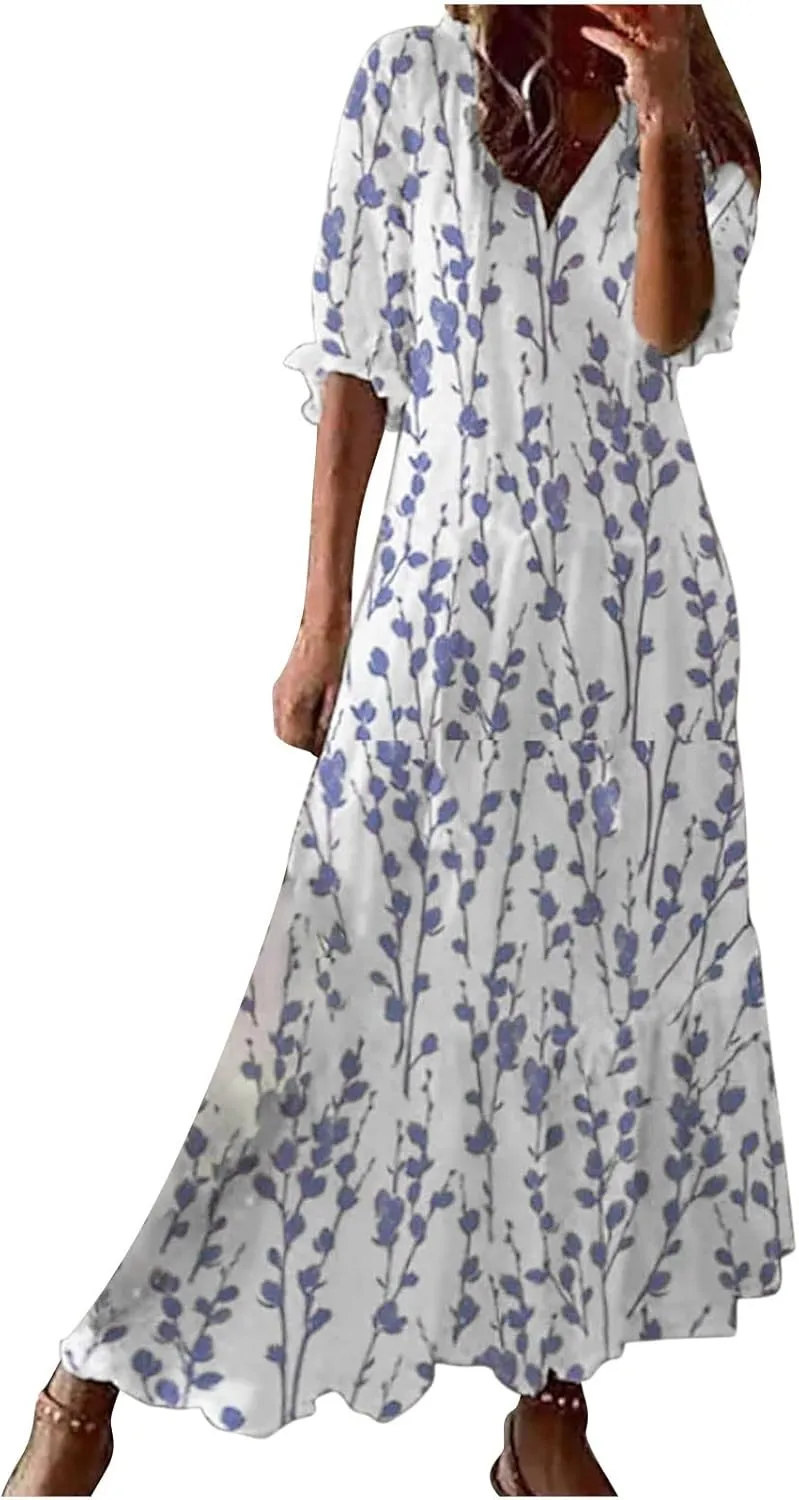 SMIDOW Womens Casual Spring Summer Boho Printed Dress V-Neck Three-Quarter Sleeve Dress A-Line Hide Belly Dress