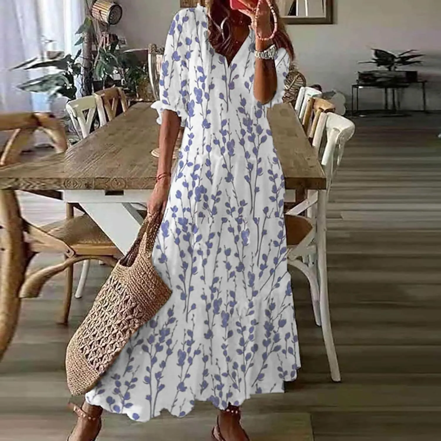 SMIDOW Womens Casual Spring Summer Boho Printed Dress V-Neck Three-Quarter Sleeve Dress A-Line Hide Belly Dress