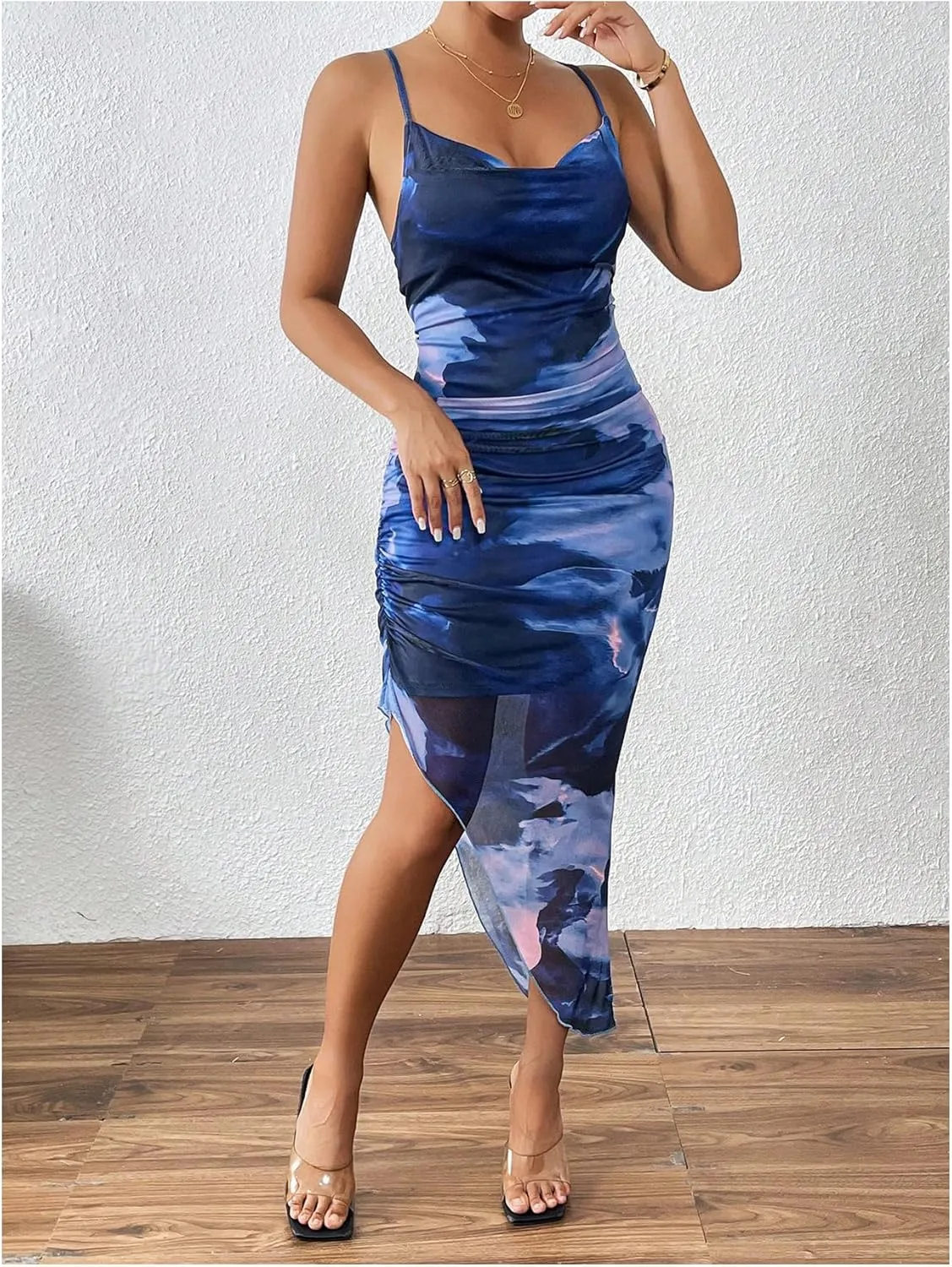 SOLY HUX Women's Tie Dye Cowl Neck Split Hem Bodycon Cami Dress Backless Long Dresses