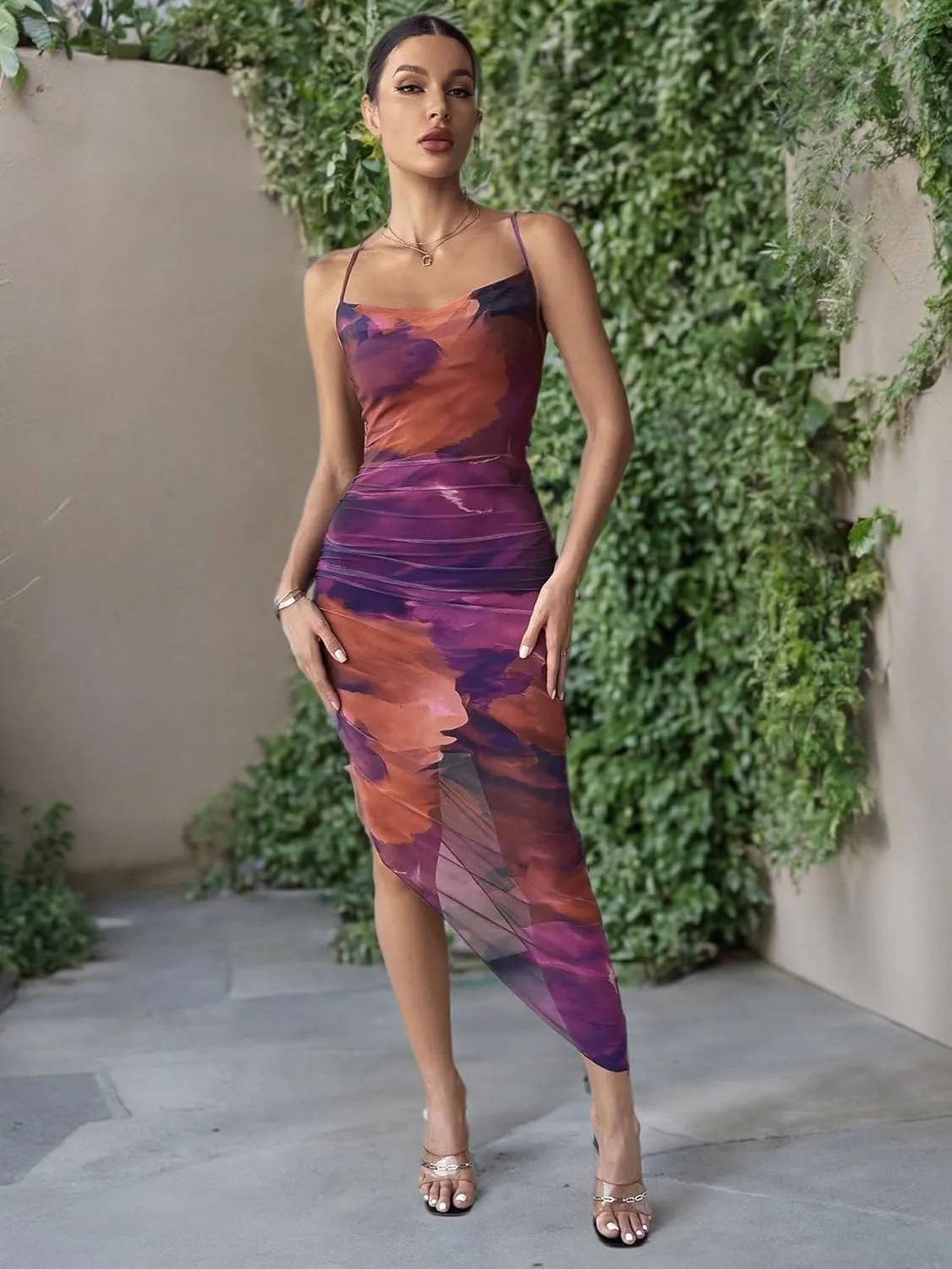 SOLY HUX Women's Tie Dye Cowl Neck Split Hem Bodycon Cami Dress Backless Long Dresses